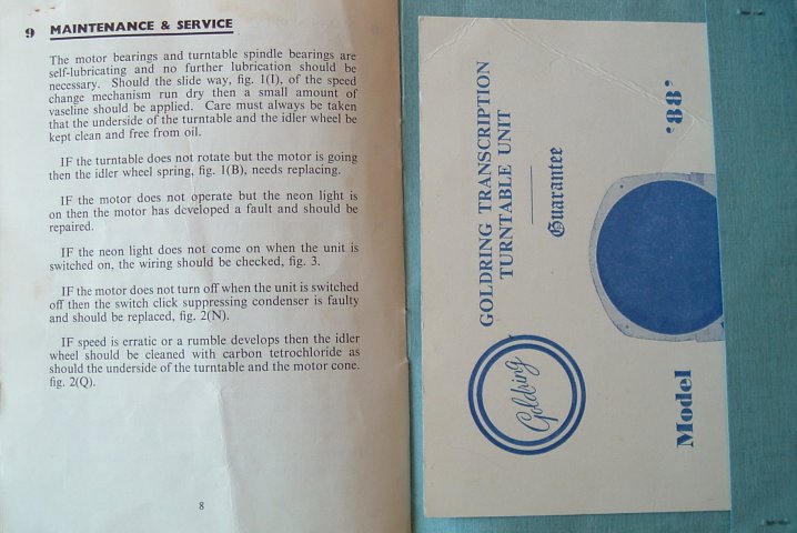 Page 8 of Goldring '88' turntable manual and guarantee card